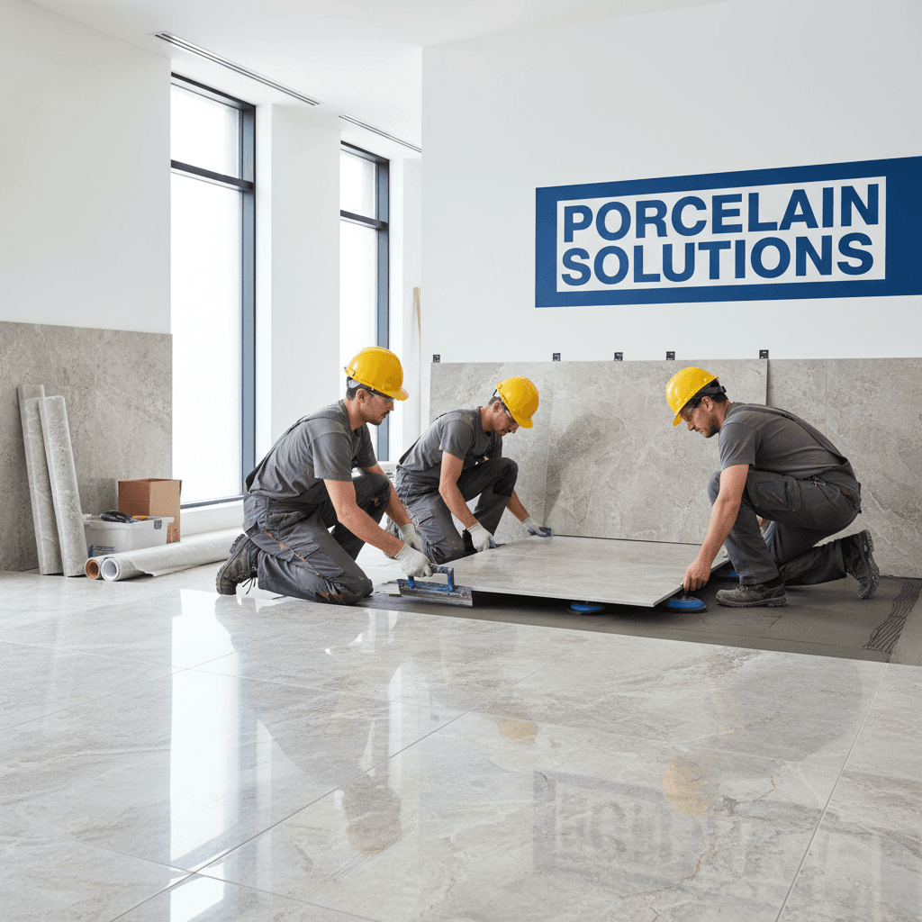 Porcelain stoneware installation in progress