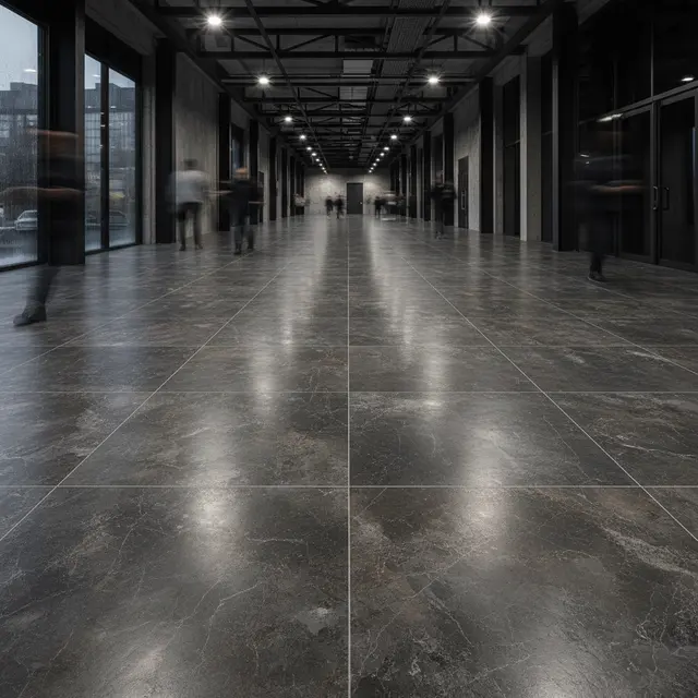 Modern industrial hallway with polished dark stone tiles and blurred figures walking under bright lights.